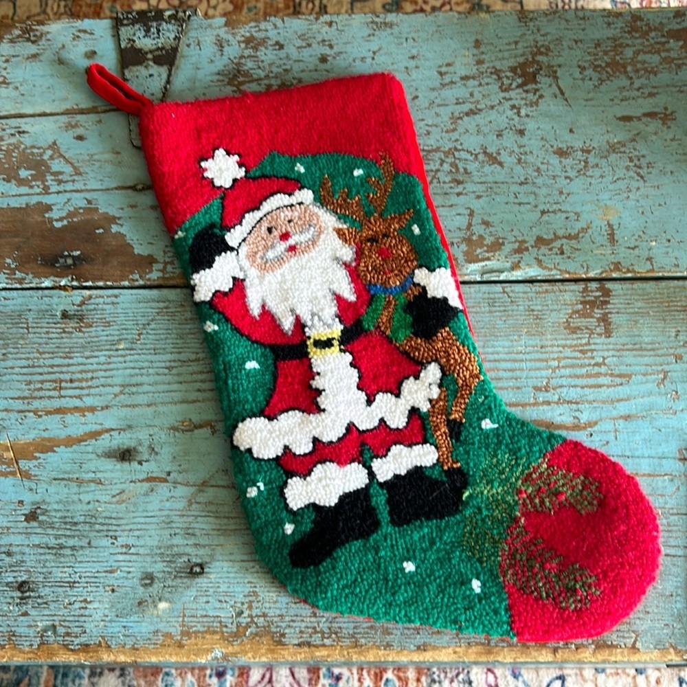 Vintage Santa and reindeer Needlepoint Stocking